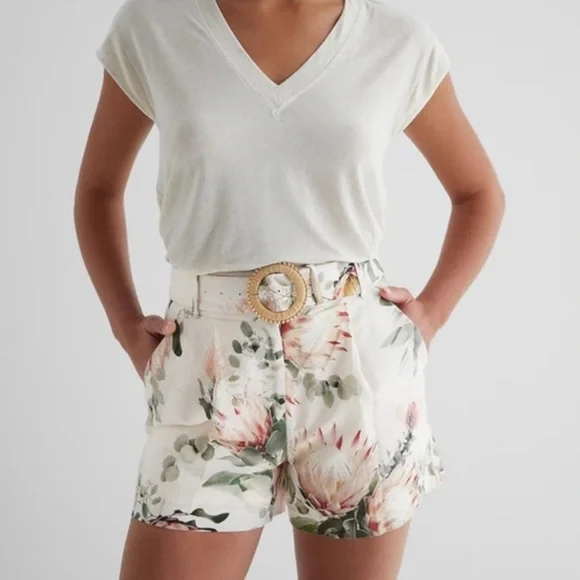 NWT EXPRESS WOMENS HIGH WAISTED FLORAL LINEN SHORTS - Picture 1 of 6